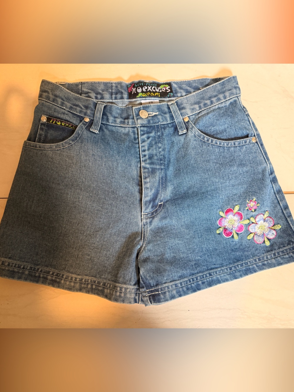 No Excuses Vintage jean shorts  with Pink & White Floral Embroidery Y2K